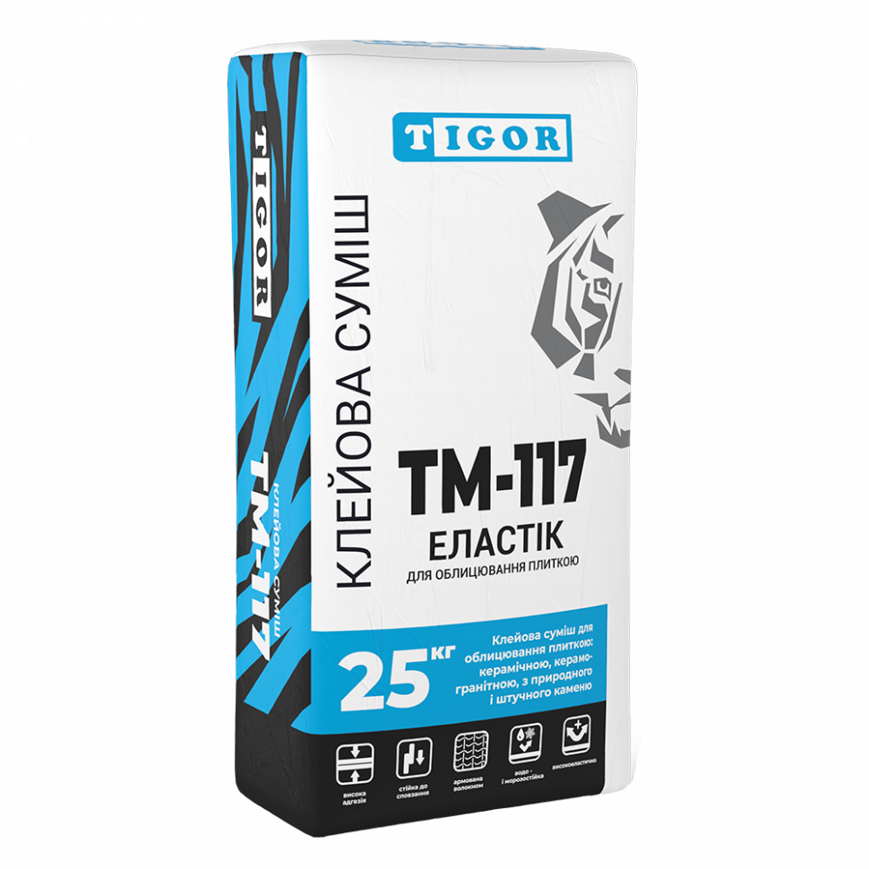 Клейова суміш для облицювання поверхонь плиткою: керамічною, керамогранітною, з природного та штукатурного каменю ТМ-117 ЕЛАСТІК TIGOR, сірий (25 кг)